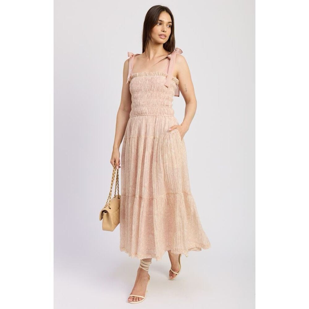 EN SAISON Geraldine Smocked Tie Strap Maxi Dress - Natural size S NWT - Picture 2 of 10